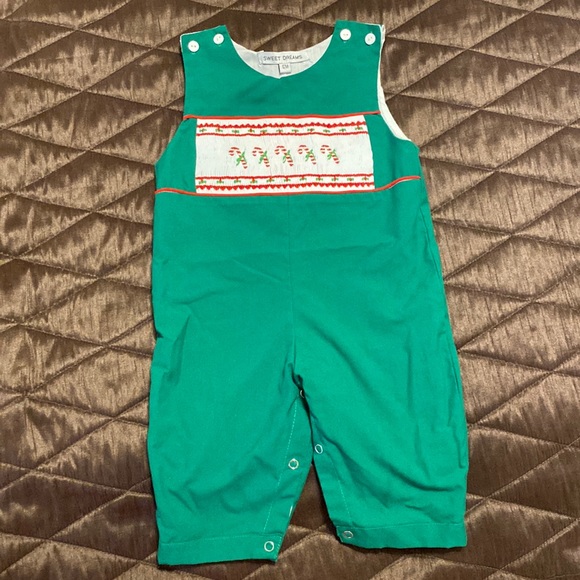 Sweet Dreams Candy Cane Christmas Smocked Long Tail Jumper Coverall size 12 mo - Picture 1 of 3
